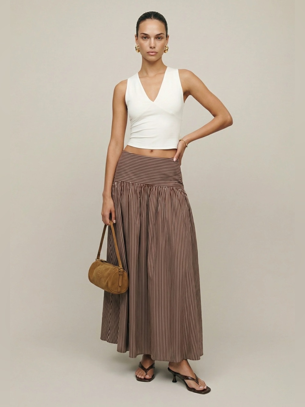 Few Moda Caara Vashti Brown Striped Maxi Skirt - Women's Flowing Tiered Skirt
